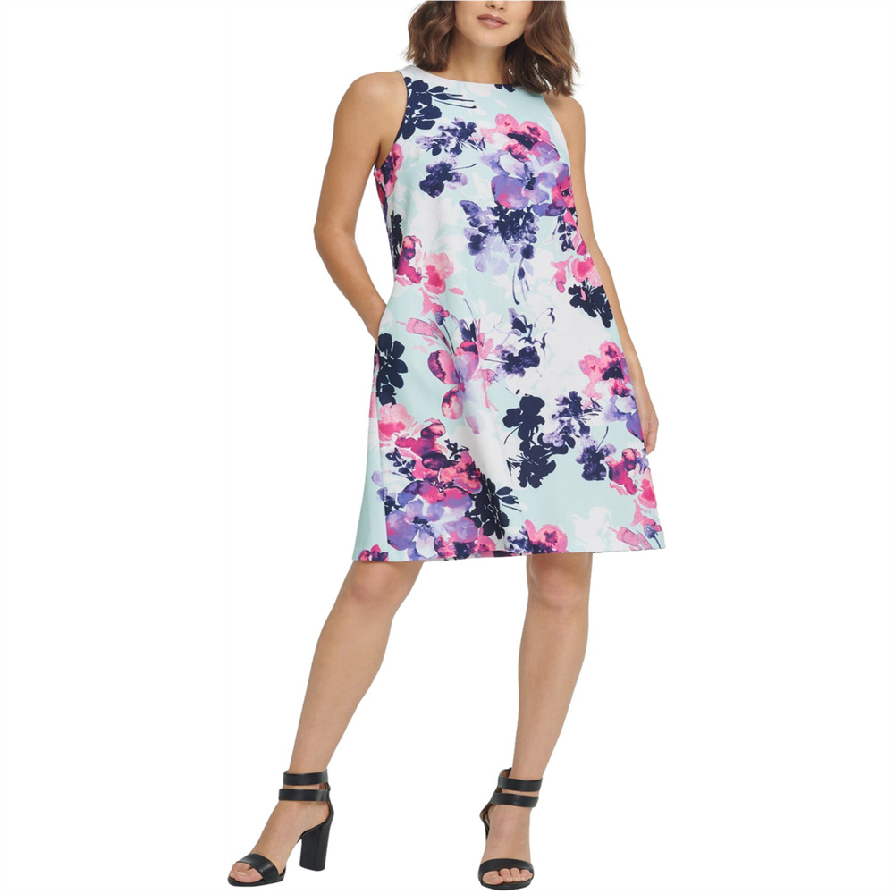 DKNY | Light Blue with Purple & Pink Floral Sleeveless Trapeze Dress